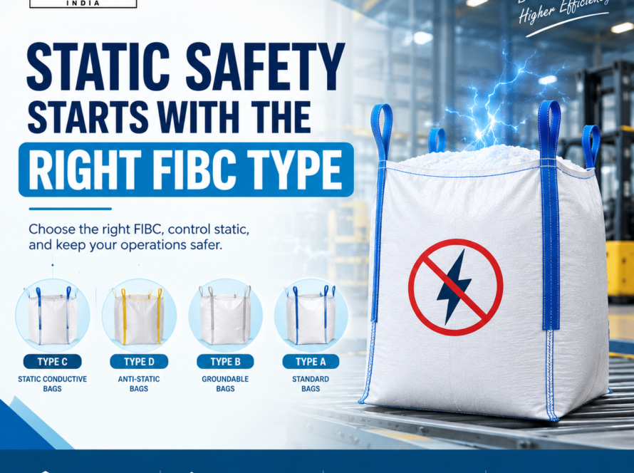 Static safety FIBC bags showing Type A, Type B, Type C, and Type D options for bulk material handling.